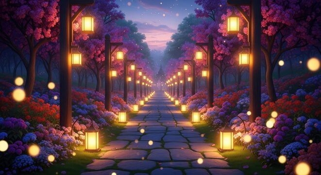 Enchanted pathway lined with lanterns and blossoming trees at dusk