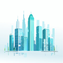 Fototapeta premium Vibrant modern city skyline illustration with reflections, showcasing urban development and progress