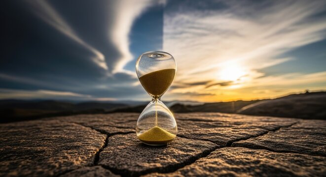Hourglass on rock under sky symbolizing time passing and concept