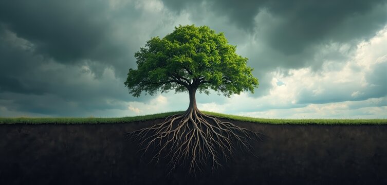 Green tree with visible roots stands on grass field under stormy sky. Earth cross section shows deep root system anchoring plant in soil, representing nature.