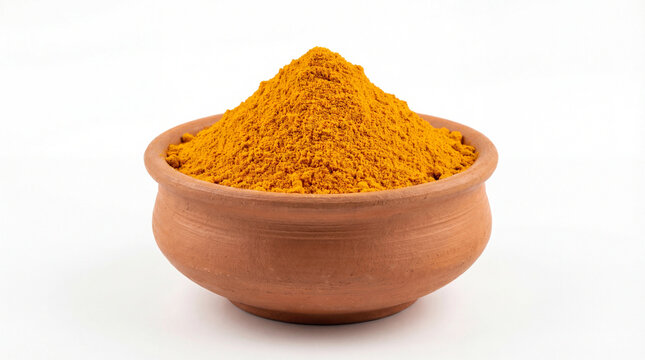 A clay pot filled with a vibrant yellow turmeric powder on a white surface