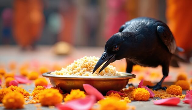 Black crow eats rice from metal bowl. Marigold flowers petals scattered on ground. Crow is dark bird with sharp beak. Blurred background shows orange colors.