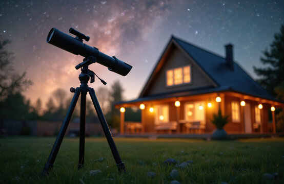 Telescope on tripod on grass at night. Cozy house with lights on in backyard. Starry sky above. Astronomy hobby. Outdoor observation.