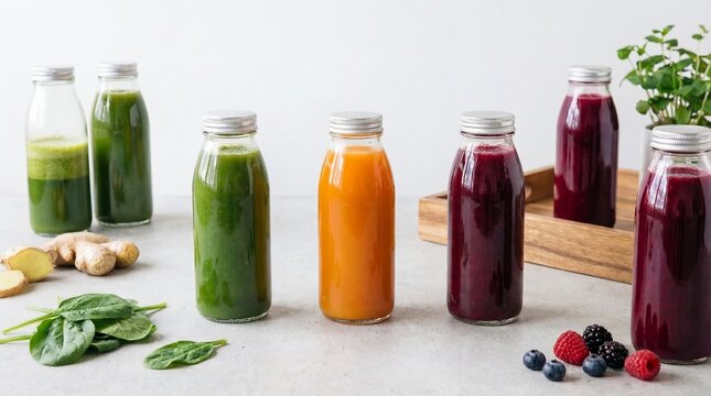 Bottles of green, orange, and red fresh juices are lined up on a table with spinach, ginger, and berries nearby.