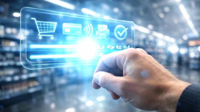 Hand interacting with digital shopping interface, online payment, modern technology, ecommerce concept.