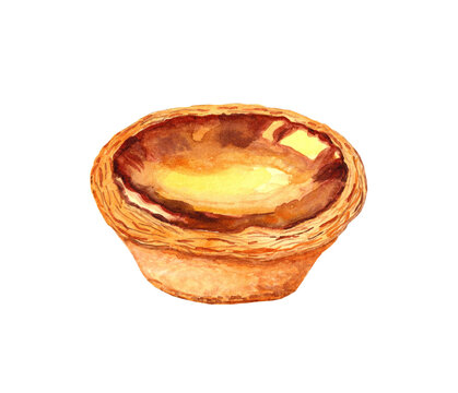Watercolor Illustration of Custard Tart Pastry