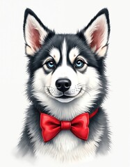 Fototapeta premium Charming husky dog portrait wearing red bow tie. This cute canine features striking blue eyes and a fluffy white chest. Ideal for pet related content or charming graphic designs.