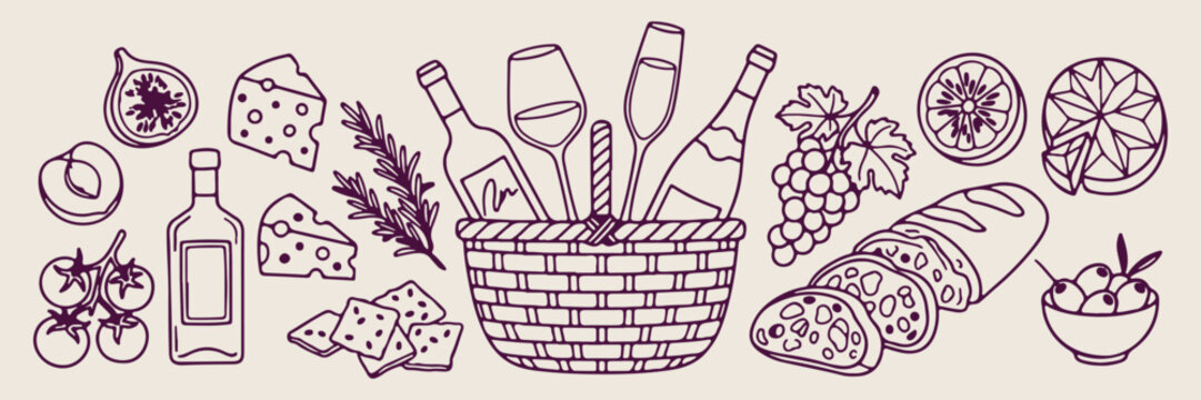 Picnic basket icons, outdoor summer dining doodles, park leisure activity illustrations, woven hamper graphics, family vacation picnic sketches, alfresco dining event icons, country lifestyle theme el