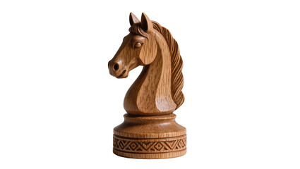 Brown wooden chess knight carved horse head and base isolated on transparent background, for strategic games © Niamh
