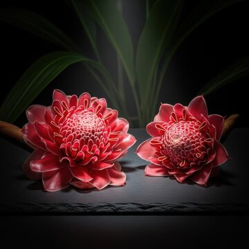 Two Vibrant Pink Etlingera Ela Flowers Displaying Their Intricate Petal Structure and Tropical Beauty