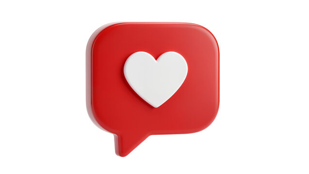 Red 3D rounded speech bubble with white heart symbolizing social media likes, isolated on transparent background