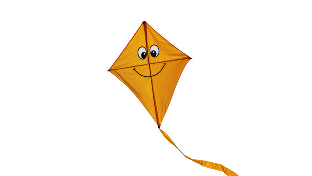 Vibrant yellow diamond-shaped kite with a cheerful smiling face and long flowing ribbon tail, isolated on transparent background