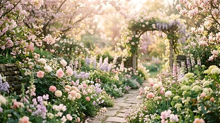 Obraz premium Enchanting sunlit garden path winding through an abundance of blooming flowers and a magical wisteria archway, creating a serene and picturesque spring landscape