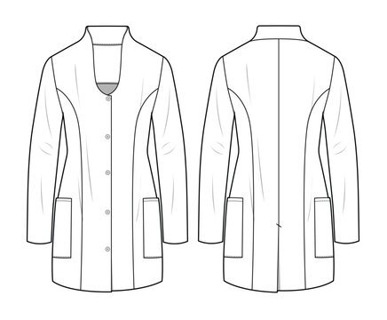 Women lab coat front and back view mockup template vector design technical illustration.