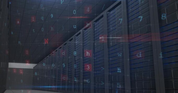 Animation of warning text and data processing over computer servers in background