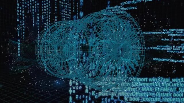 Animation of turbine and data processing over black background