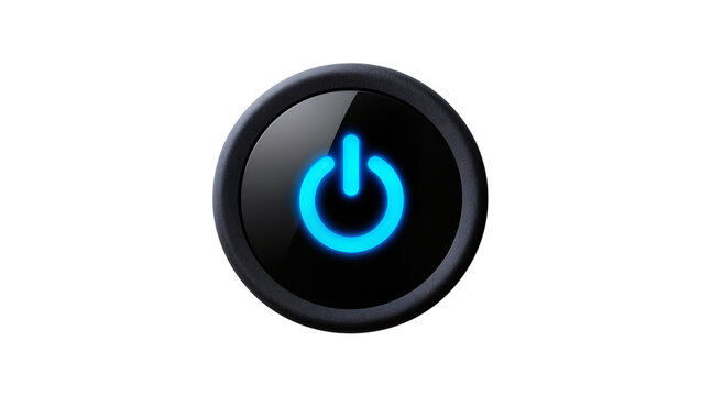 Black circular button blue glowing power on/off symbol isolated on transparent background, for system activation