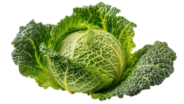 Fresh vibrant green Savoy cabbage head with deeply crinkled textured leaves, perfectly isolated on transparent background for healthy food concepts