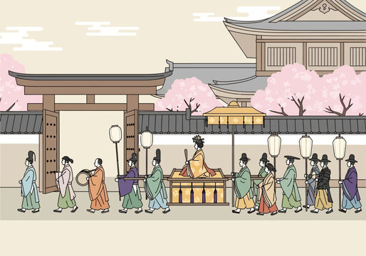 Japanese Heian period noblewoman in a palanquin procession with attendants.