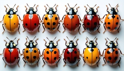 Obraz premium Twelve colorful ladybugs arranged in two rows against white background. Bugs show red orange yellow and black spots. Macro insect photo displays detail of tiny arthropods with antennae legs and wings.