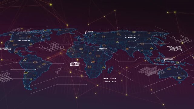 Animation of network of connections with icons and triangles over dark blue background