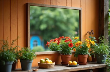 Fototapeta premium Wooden framed mirror reflects green garden and orange wall. Potted flowers and fruits sit on shelf. Cozy natural setting for outdoor relaxation.