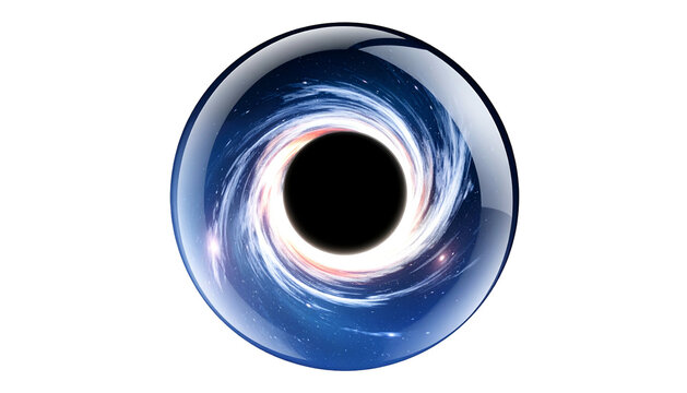 Glossy orb reveals cosmic vortex with swirling nebulae, bright light, and a black hole