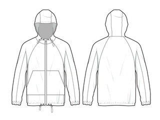 Raglan sleeve anorak jacket front and back view mockup template vector design technical illustration. © Clothing Design