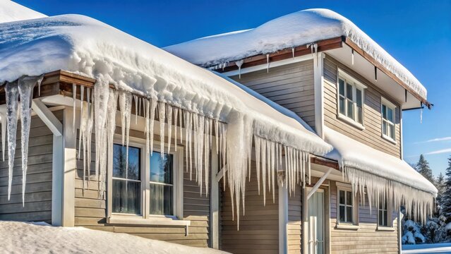 A winter scene featuring a house adorned with impressive icicles hanging from the eaves, a picturesque display of nature's artistry in a frosty landscape