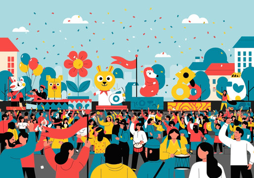 Crowd of people celebrating a festive parade with colorful floats and confetti.