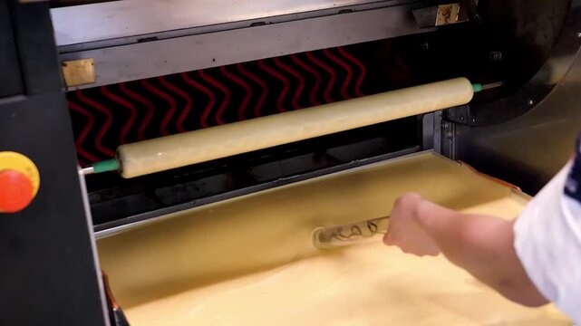 Close-up shot of an automated industrial machine roller in action, applying a smooth, amber-colored, viscous liquid or adhesive onto a moving flat surface during a manufacturing process.