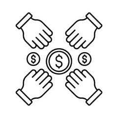 Obraz premium hands holding coins in circle eps icon showing crowdfunding support donation teamwork and community funding concept simple line style illustration