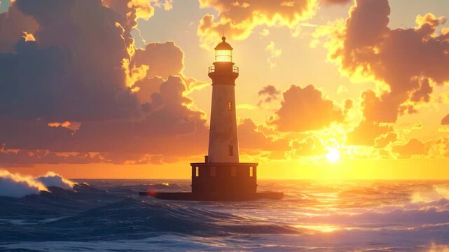 Lighthouse beacon shines during sunset over ocean waves, clouds fill the sky