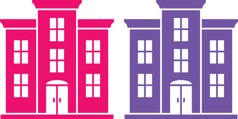 Naklejka premium Modern building vector icon, vibrant pink and purple apartment or office building illustration, flat design architecture graphic for real estate and urban development projects