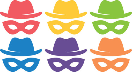 Colorful detective hats and superhero masks vector set, vibrant spy disguise accessories, playful secret agent costume elements, graphic resources for kids' parties and events. © Haseeb's Work