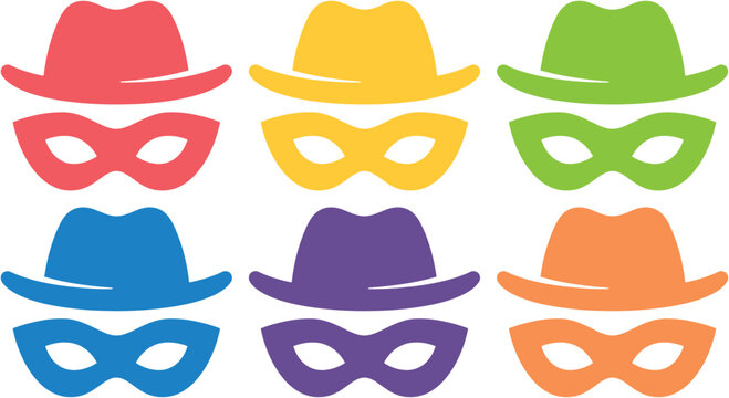 Colorful detective hats and superhero masks vector set, vibrant spy disguise accessories, playful secret agent costume elements, graphic resources for kids' parties and events.