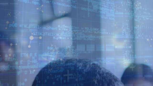 Animation of floating nucleotides and programming language over cropped heads of people