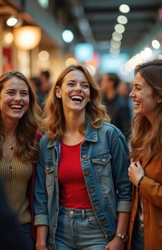 Three young women laugh during a shopping trip. Friends share joy and fun while buying clothes at a mall. They wear casual fashion, denim jackets, sweaters, and jeans.