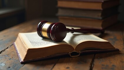 Judge gavel rests on open law book, signifying legal justice, court decisions, and legal advice. Books stacked behind imply study and knowledge of law.