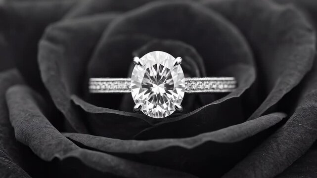 Diamond Dream Elegant ring nestled in velvety black rose petals.