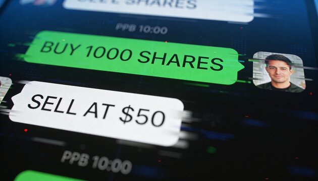 Displaying green BUY 1000 SHARES bubble on phone screen, showing white SELL AT $50, avatar, charts