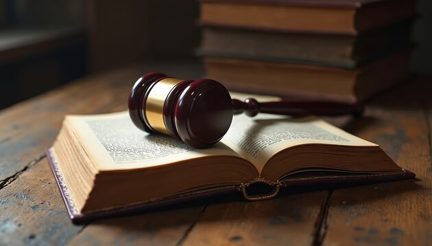 Judge gavel rests on open law book, signifying legal justice, court decisions, and legal advice. Books stacked behind imply study and knowledge of law.