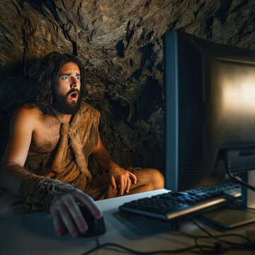Surreal caveman using modern computer in cave, humorous concept blending ancient human history with futuristic technology, contrast between primitive lifestyle and digital innovation