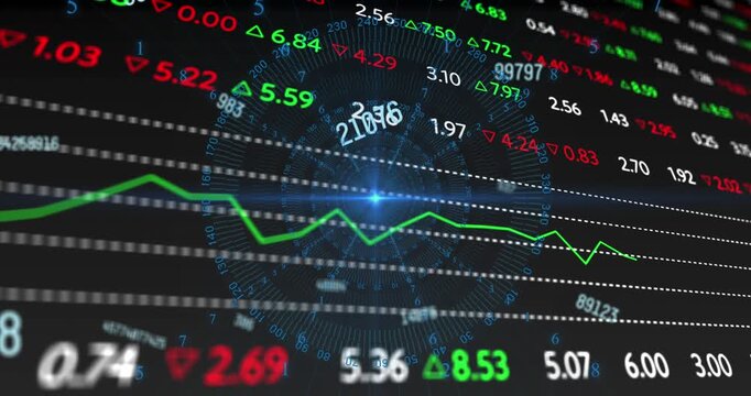 Animation of numbers, light and financial data on digital screen