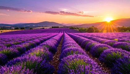 Fototapeta premium Lavender field at sunset with mountains.
