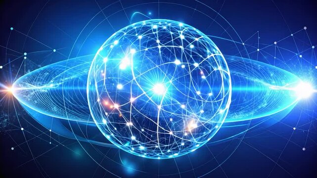A glowing network sphere with intersecting lines and radiant light