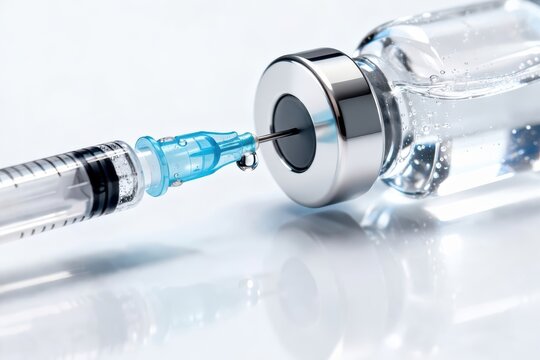 Siringa medica con ago inserito in una fiala di vetro per l'estrazione di vaccino. Generative AI 