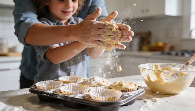 Shaping child and adult hands in denim shirts, guiding batter over muffin tin at kitchen counter