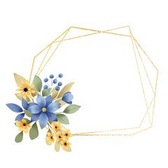 Floral golden geometric frame. Hand painting flowers digital border with place for text. Isolated on white background. 