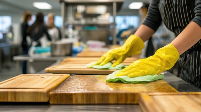 Focused medium shot of a middle school cafeteria worker sanitizing cutting boards while background activity remains blurred emphasizing kitchen safety.